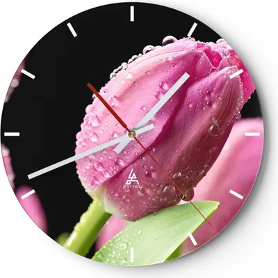 Produktbild von Wanduhr - Rund - Glasuhr - Tulpe Blumen Tau - 40x40cm - Schleichendes Uhrwerk - Lautlos - zum Aufhängen bereit - Dekoration Modern - Wanddekoration aus Glas - C3AR40x40-2483