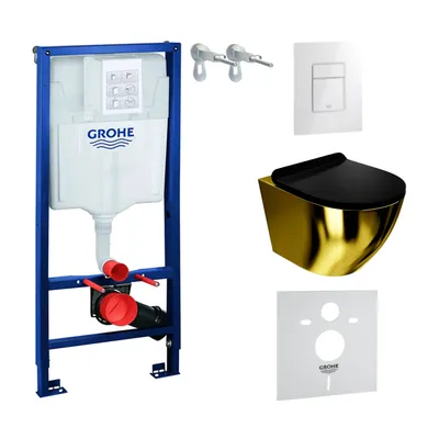Produktbild von GROHE Vorwandelement Solido + Wand Hänge WC Sofi Slim Gold/Black Spülrandlos + WC-Sitz SoftClose | Glänzend Weiß Knopf | Komplettset | Unterputz Spülkasten |  Toilette Komplett Sett