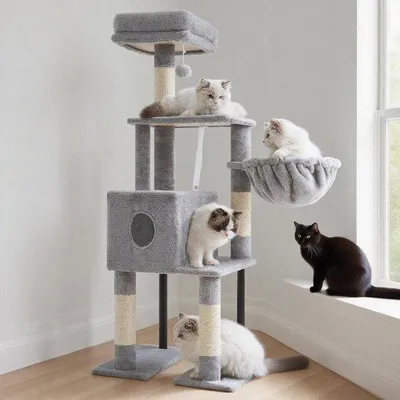 Immagine prodotto di Unyqoos® Albero per gatti 125 cm – struttura stabile e versatile, ideale come luogo di gioco e riposo per i gatti, con piattaforme, una cuccia e un cesto, colonne in sisal per grattare, struttura in metallo e rivestimento in velluto rimovibile