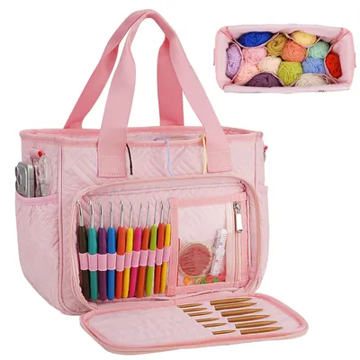 Produktbild von Häkel Basteltasche, Strick Tasche, Garn Aufbewahrung Nähtaschen mit Griff & Schultergurt, Garn Aufbewahrung Organizer für Häkeln Stricker Häkelnadeln Stricknadeln Set Nähzubehör, Rosa