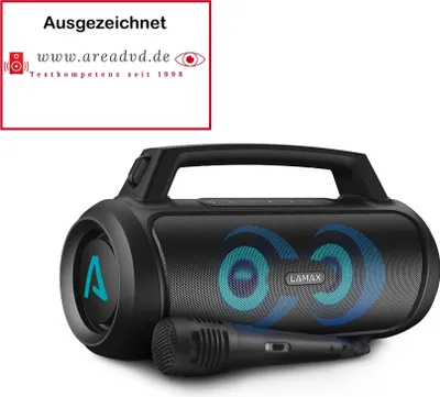 Produktbild von Lamax Partygo1, Tragbarer Bluetooth 5.3 Lautsprecher mit Griff, 100 W, 20 Stunden Akkulaufzeit, Karaoke Mikrofon, IP67, Kopplung von 2 Lautsprechern