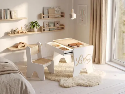 Immagine prodotto di Scrivania per bambini con sedia e cassetto | Rovere Artisan | Adesivi decorativi inclusi | Set salvaspazio per la cameretta (Rovere Artisan)