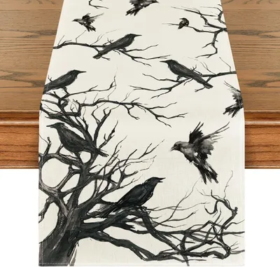 Produktbild von Artoid Mode Schwarz und Weiß Scherenschnitt Raben Baum Halloween Tischläufer, Herbst Küche Tisch Nachbildungation Drinnen Urlaub Party Nachbildung 40x140 cm