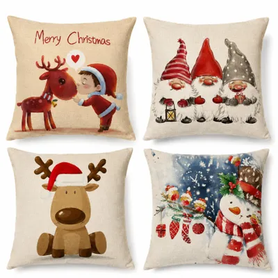 Produktbild von Weihnachtskissenbezüge 4er Set 45x45 cm aus Leinenstoff, Kissenhüllen mit Reißverschluss, Weihnachtsmann Rentier Wichtel Schneemann, Beige