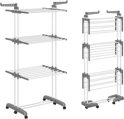 Produktbild von Turmwäscheständer 66-130 cm, 6 Flügel, 3 Ebenen, zusammenklappbar, für Innen und Außen, grau