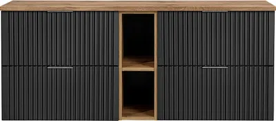 Produktbild von Waschtischunterschrank 140cm ADELAIDE-56-BLACK in matt schwarz mit Eiche Nb., gerillte Front, B/H/T 140,6/59,2/46,5 cm