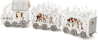 A white wooden Christmas train decoration with warm white LED lights.