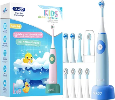 Produktbild von Elektrische Kinderzahnbürste ab 5-8 Jahre mit Ladestation, 8 Bürstenköpfen, 35000 Vibrationen, IPX7 wasserdicht, 70 Tage Akku, BPA-frei