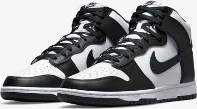 A pair of Nike Dunk High sneakers in black and white.