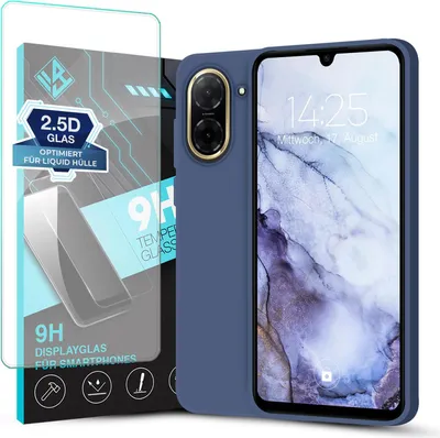 A smartphone case and screen protector are displayed together, with the phone showing the lock screen.