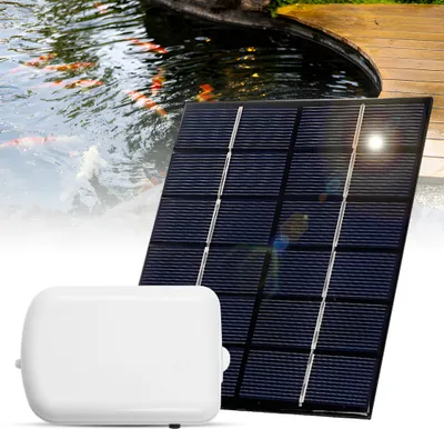 A solar-powered pond aerator with a solar panel and a white aeration unit, set against a background of a pond with koi fish and a wooden deck.