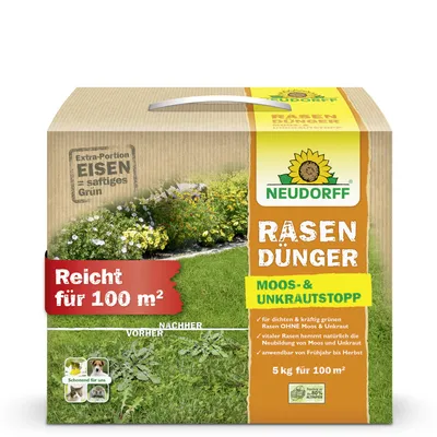 Produktbild von Neudorff RasenDünger Moos- & UnkrautStopp 5 kg für 100 m² – Extra Eisen für dichten Rasen, feine Körnung, kein Vertikutieren, tierfreundlich