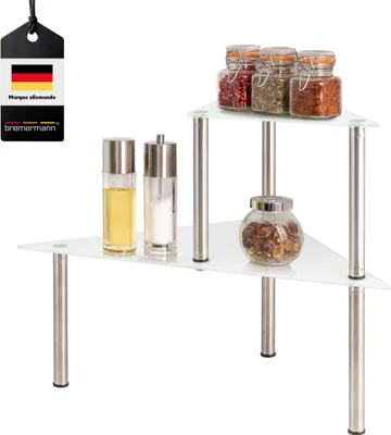 Image de bremermann Etagère d'angle en verre, étagère de cuisine avec plateaux en verre et pieds en inox, blanc