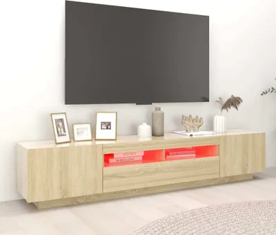 A modern TV stand with LED lighting is shown in a living room setting.