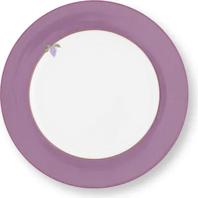 A single plate with a purple rim and a white center, decorated with a small bunch of purple grapes on the left side of the rim.