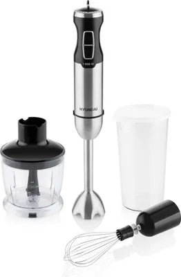 A set of kitchen appliances including a hand blender, a chopper attachment, a whisk attachment, and a measuring cup, arranged on a white background.