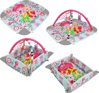 Produktbild von WYCTIN Krabbeldecke Erlebnisdecke Spielbogen Spielmatte mit anpassbaren Wänden, Melodien sowie 30 Bällen und Spielzeugen Rosa