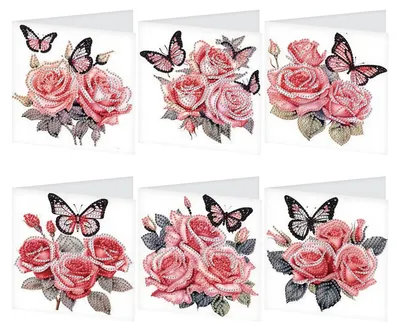 Produktbild von Set mit 6 Diamond Painting-Grußkarten mit Rosen und Schmetterlingen