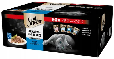 Produktbild von Sheba Delikatesse Fine Flakes, Mega Pack – Katzenfutter nass, Fischauswahl in Gelee mit Lachs, Weissfisch, Thunfisch und Kabeljau Schalen 80 x 85g