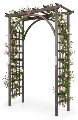 Immagine prodotto di Arco per rose KOMFOTTEU, arco di sostegno per piante rampicanti in legno di abete, arco da giardino con tetto e griglie laterali per piante rampicanti, arco decorativo per rose e piante rampicanti, arco per l'ingresso del giardino o del cortile, 160 x 60 x 216 cm, marrone scuro
