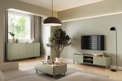 Produktbild von Wohnzimmer Set in Grün mit Eiche 170 cm Lowboard, Sideboard & Couchtisch, 3-teilig - ELOY-141