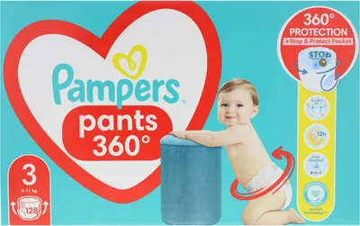 A product package for Pampers Pants diapers, featuring a baby and product information.