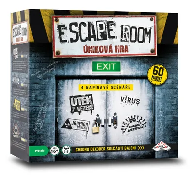 The image shows the packaging of a board game called ESCAPE ROOM.