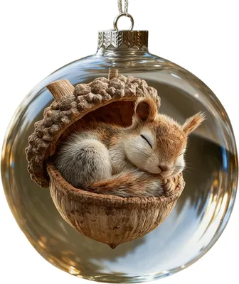 Produktbild von Weihnachtsbaumkugel mit Eichelmotiv und Waldtiermotiv, aus Kunststoff, zum Aufhängen, für den Weihnachtsbaum.