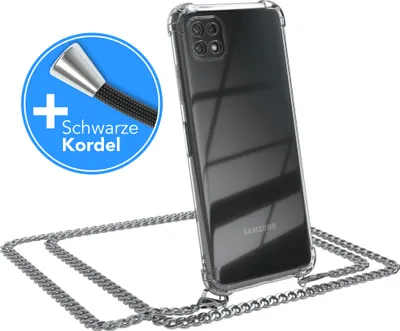 Produktbild von EAZY CASE Metall Handykette für Samsung Galaxy A22 5G, Handyhülle mit Umhängeband, Silikonhülle, Metallkette für Smartphone in Silber