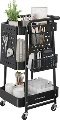 A black metal rolling cart filled with various office and craft supplies.