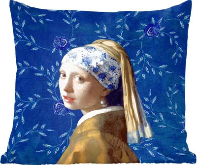Produktbild von MuchoWow® Zierkissen Sofakissen Wohnzimmer Dekokissen 40x40 cm Mädchen mit Perlenohrring - Delfter Blau - Vermeer - Blumen - Gemälde - Alte Meister - Foto Kissen - Schlafzimmer Dekoration