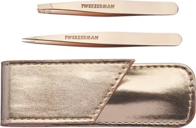 Two rose gold tweezers and a rose gold case are displayed against a white background.