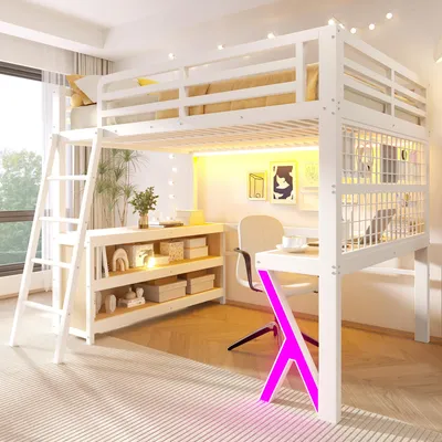 Obrázek produktu pro Postel patro s rozměry 140 x 200 cm, vybavená psacím stolem, LED osvětlením a úložnou skříňkou, vyrobená z kovu a MDF, nosnost do 150 kg, bez matrace