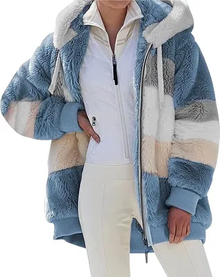 Produktbild von ASKSA Damen Fleecejacke Strickjacke Einfarbig Reißverschluss Kunstpelzjacke mit kapuze, A-Blau, 4XL