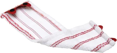 A white mop head with red stripes and red plastic attachments is shown against a white background.