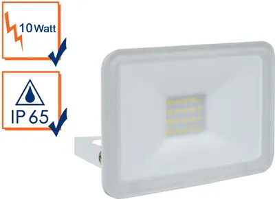 A white LED floodlight with informational icons on the left.