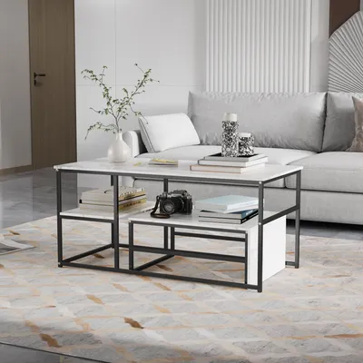 Produktbild von Fortuna Lai 2er Set Couchtisch Marmor Schwarz Modern: Rechteckiger Skandinavisch Kaffeetisch Wohnzimmertisch mit goldfarbener Metallgestell - Beistelltisch für Wohnzimmer groß:105×52×48.5cm klein:60×45×28cm