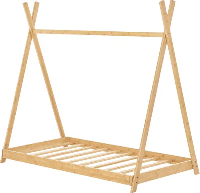 A wooden children's bed frame with a teepee-like structure.