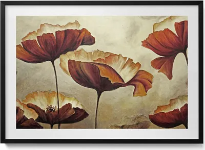 Produktbild von Gemalte Mohnblumen– Wandbild mit Rahmen – Gerahmtes Bild  – Wanddekoration – 100x70 cm –  Schwarz Rahmen