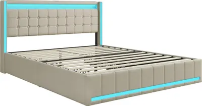 Produktbild von Polsterbett - Doppelbett - Größe 180x200 cm - Mit Stauraum und Schubladen - USB & LED-Beleuchtung - Holzgestell - Beige