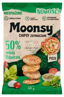 Obrázok produktu pre Moonsy, kukuricové chipsy s príchuťou pizzy, 60 g, bezlepkové, s 50 % menej tuku