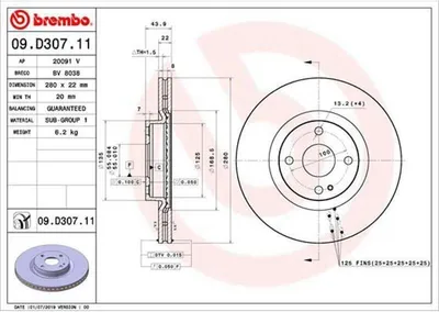 Produktbild von 2x BREMBO Bremsscheibe 09.D307.11 für FIAT 124 Spider (348_) 44mm 280mm