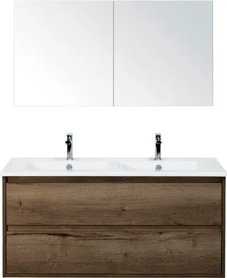 Produktbild von Sanox Badmöbel-Set Porto BxHxT 121 x 170 x 51 cm Frontfarbe tabacco mit Doppel-Waschtisch Keramik weiß, Waschtischunters