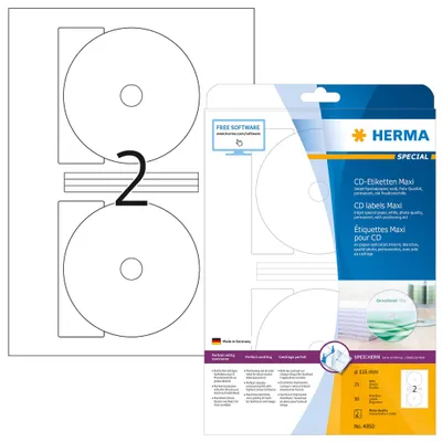 Produktbild von HERMA Inkjet CD/DVD Etiketten SPECIAL Maxi Durchmesser: 116 mm weiß 50 Etiketten