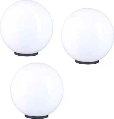 Three white spherical lamps are arranged in a triangular formation against a white background.
