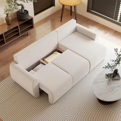 Produktbild von Schlafsofa mit umkehrbarer Chaiselongue, L-Form, Veloursbezug, Stauraum, 250x140x86 cm, Cremeweiß