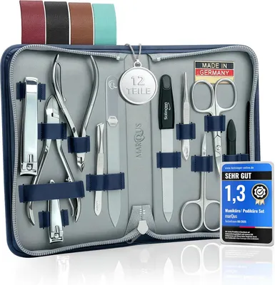 Immagine prodotto di marQus Solingen set per manicure e pedicure - 12 pezzi in astuccio in vera pelle pratico e morbido - kit completo di tutto per la cura delle mani e dei piedi, set per unghie