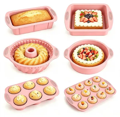 Produktbild von 6-in-1 Silikon Backform Set Rosa Hitzebeständig Lebensmittelqualität -40°C bis 230°C