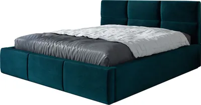 A teal upholstered bed with a gray mattress and a white blanket is shown against a white background.