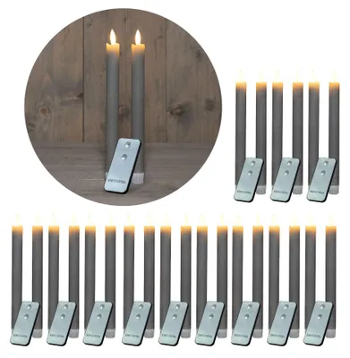 Zdjęcie produktu dla Świece LED, 12 sztuk, woskowe, kolor taupe (szary), z funkcją timera (6 godzin), wysokość 23 cm, średnica 2,2 cm. Wymagane 2 baterie AAA. Zestaw 4 świec LED z ruchomym płomieniem